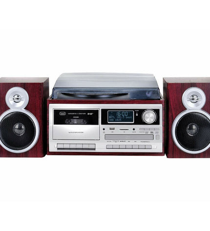 Trevi turntable in wood finish, vintage-style audio equipment with control knobs and audio output ports.