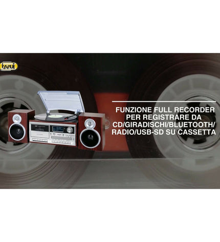 Trevi vinyl record player in wood finish, electronic audio and hi-fi equipment, close-up of turntable and controls.