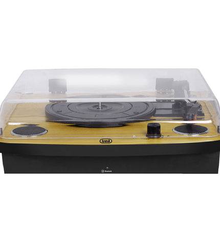 Trevi TT 1022 BT stereo turntable with RCA, Bluetooth, and aux-in, featuring a sleek black electronic audio device for vinyl playback.