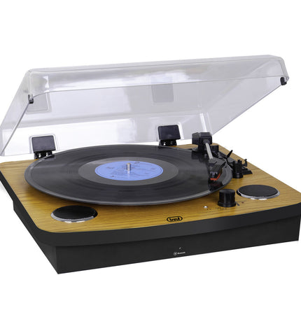 Trevi TT 1022 BT turntable with stereo speakers, Bluetooth, RCA, and aux-in for high-fidelity audio listening.