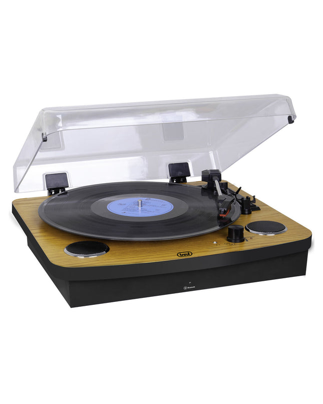 Trevi TT 1022 BT turntable with stereo speakers, Bluetooth, RCA, and aux-in for high-fidelity audio listening.
