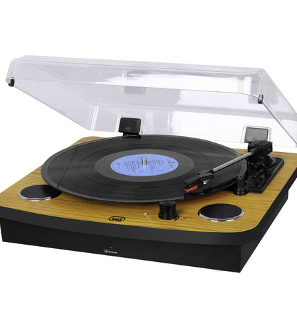 Trevi TT 1022 BT stereo turntable with Bluetooth, RCA and aux-in, compact electronic audio device for vinyl playback.