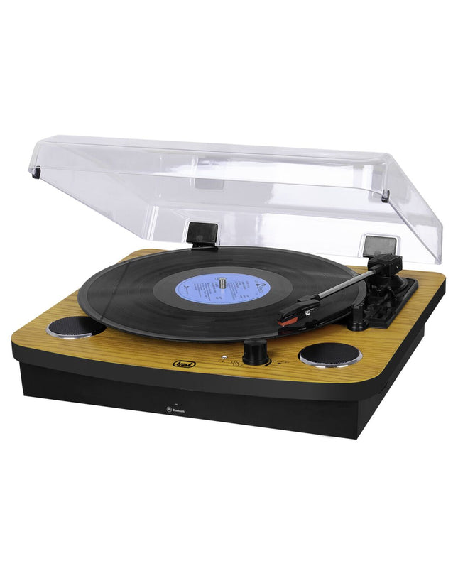 Trevi TT 1022 BT stereo turntable with Bluetooth, RCA and aux-in, compact electronic audio device for vinyl playback.