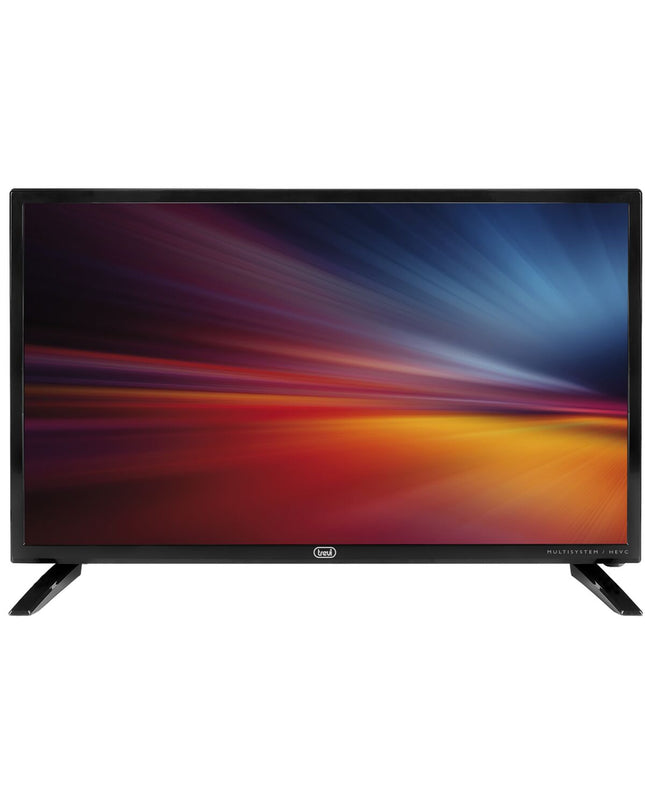 Trevi LTV 2401 HD 24-inch LED Smart TV displaying a colorful screen, with a sleek black frame and remote control nearby.