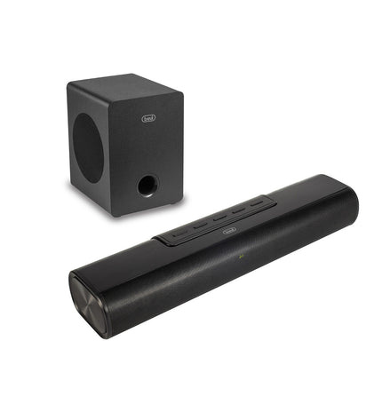 Trevi SB 8380 SW soundbar for audio and hi-fi, black electronic device with sleek design and control buttons.