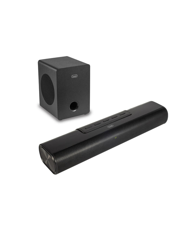 Trevi SB 8380 SW soundbar for audio and hi-fi, black electronic device with sleek design and control buttons.