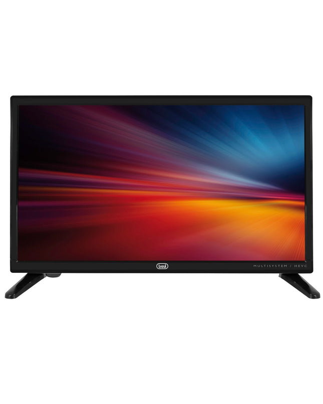Trevi HD LED 19-inch TV displaying a colorful screen, compact electronic TV perfect for home entertainment setup.
