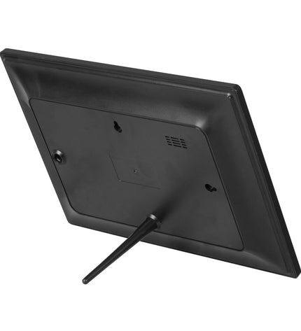 Trevi Wi-Fi digital photo frame showing a slideshow of family pictures on a sleek black screen.