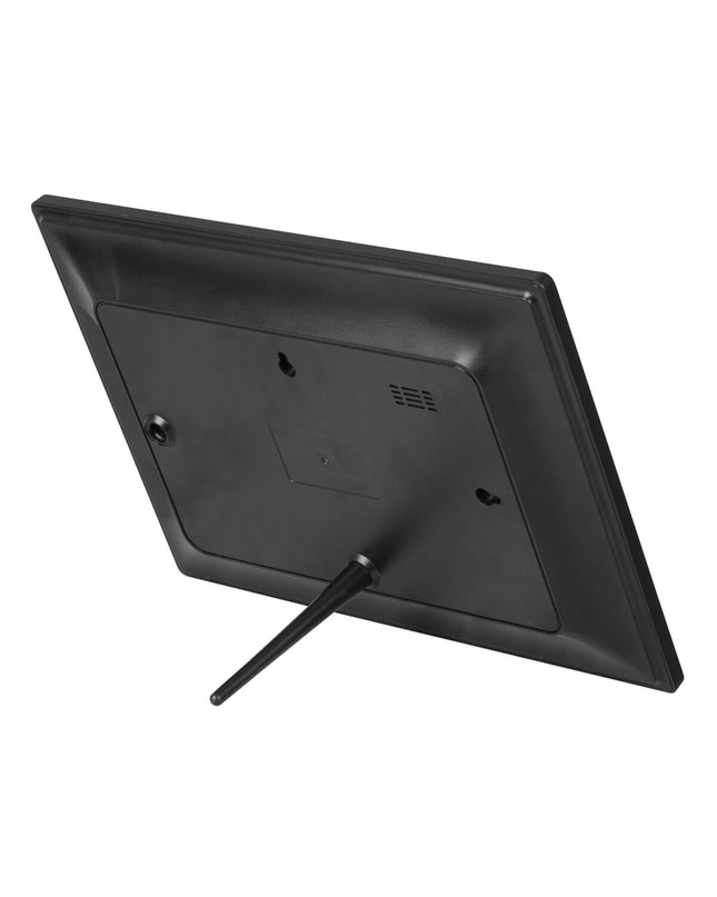 Trevi Wi-Fi digital photo frame showing a slideshow of family pictures on a sleek black screen.