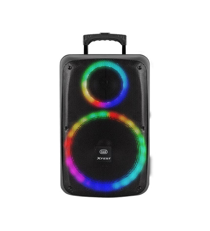 Portable Trevi XF 1250 KB speaker system with control knobs and speaker grille, showcasing its compact electronic audio design.