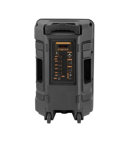 Trevi XF 1250 KB portable loudspeaker system with control panel and built-in handles for easy transportation.