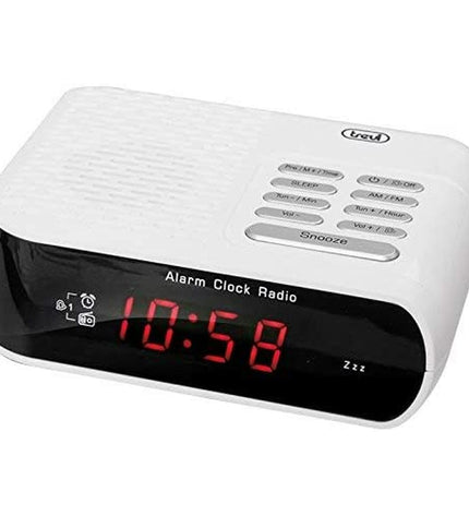 Trevi RC827DWH radio alarm clock with digital display and buttons, part of electronic audio and hifi equipment.