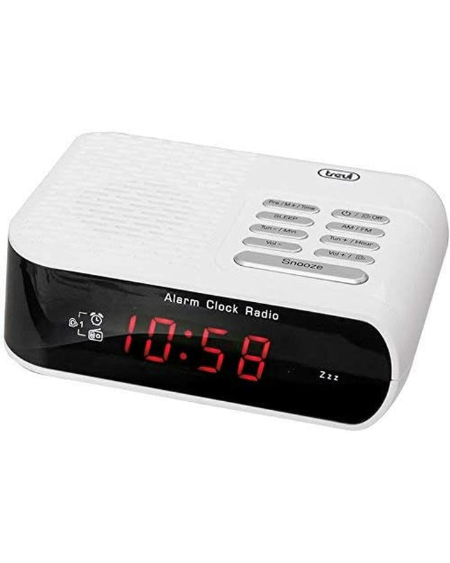 Trevi RC827DWH radio alarm clock with digital display and buttons, part of electronic audio and hifi equipment.