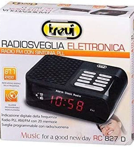 Trevi RC827DWH radio alarm clock with digital display and control buttons, part of electronic audio and hi-fi equipment.