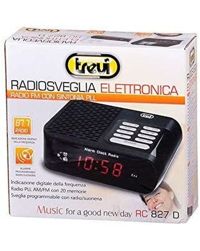 Trevi RC827DWH radio alarm clock with digital display and control buttons, part of electronic audio and hi-fi equipment.