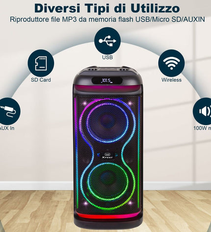 Portable Trevi XF 650 KB speaker system for high-quality audio, showing the compact design and control buttons.