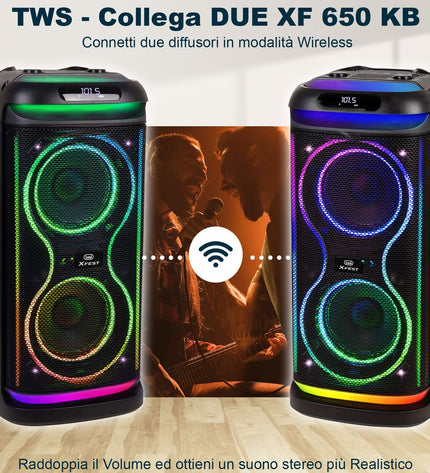 Portable Trevi XF 650 KB speaker system with control panel, handle, and built-in speaker drivers for high-quality audio.