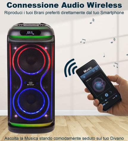 Trevi XF 650 KB portable speaker system, black with handle and control panel, designed for high-quality audio playback.