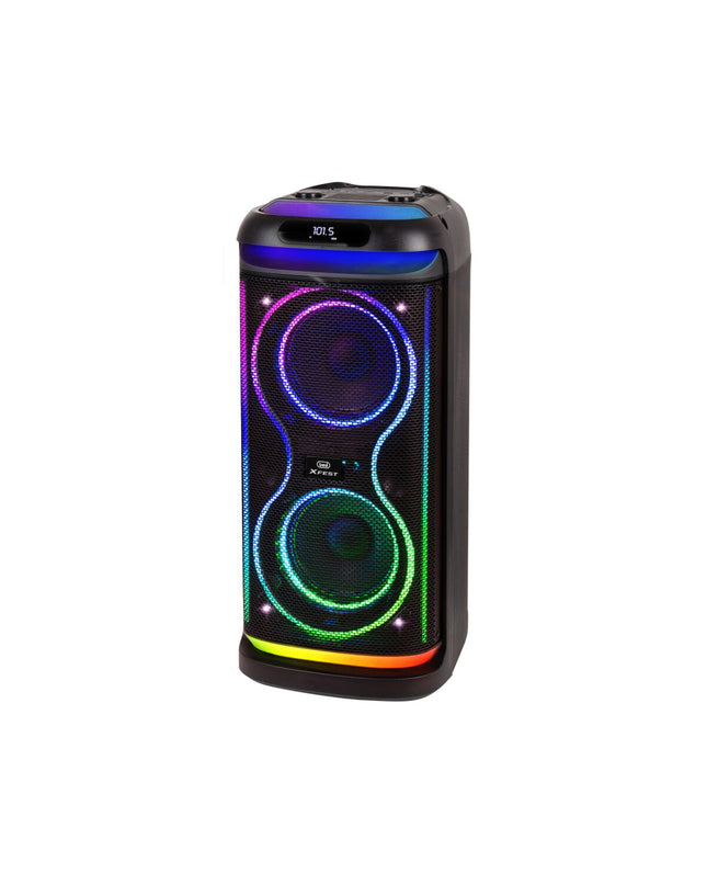 Portable Trevi XF 650 KB speaker system with built-in handles, black design, and control buttons visible in the electronic audio device image.