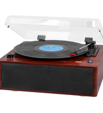 Trevi turntable model 0T103030 with wooden finish, vintage-style electronic audio equipment for vinyl records.