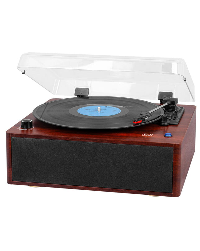 Trevi wooden turntable model 0T103030, vintage style electronic audio and hi-fi equipment with a sleek finish.