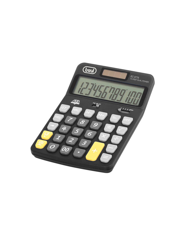 Black Trevi EC 3775 calculator with digital display, designed for office use, part of office electronics and stationery.