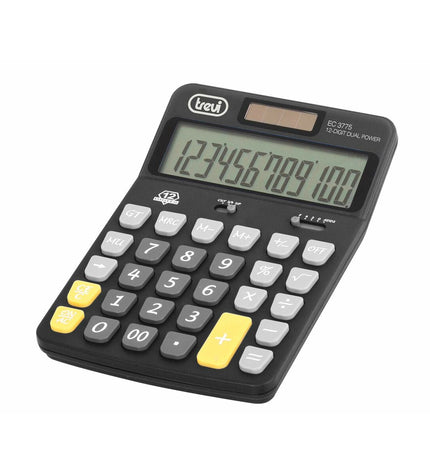 Black Trevi EC 3775 calculator with digital display and keypad, ideal for office and stationery use.