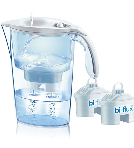 White LAICA J9029C4 water kettle with built-in filter for home use, shown with a clear view of the kettle and filter components.
