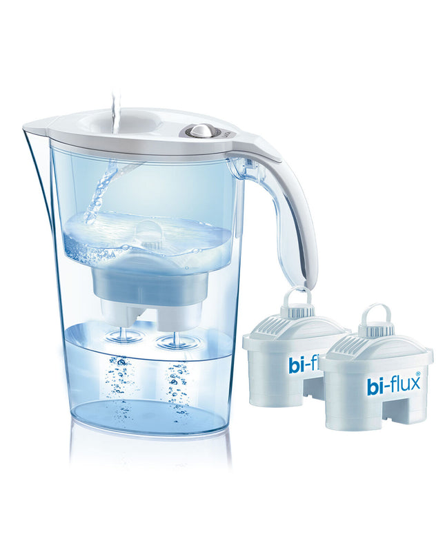 White LAICA J9029C4 water kettle with built-in filter for home use, shown with a clear view of the kettle and filter components.