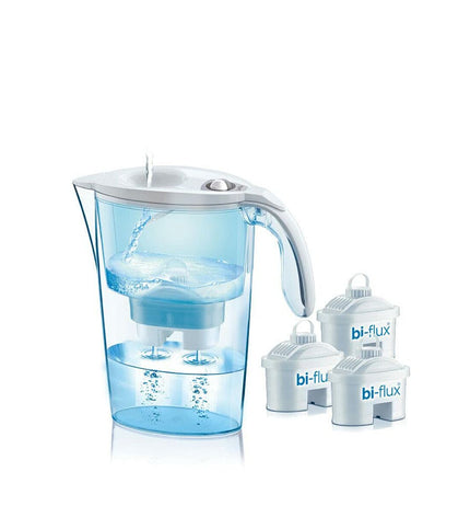 White LAICA J9047W2 water kettle with pack of three replacement filters for household use.