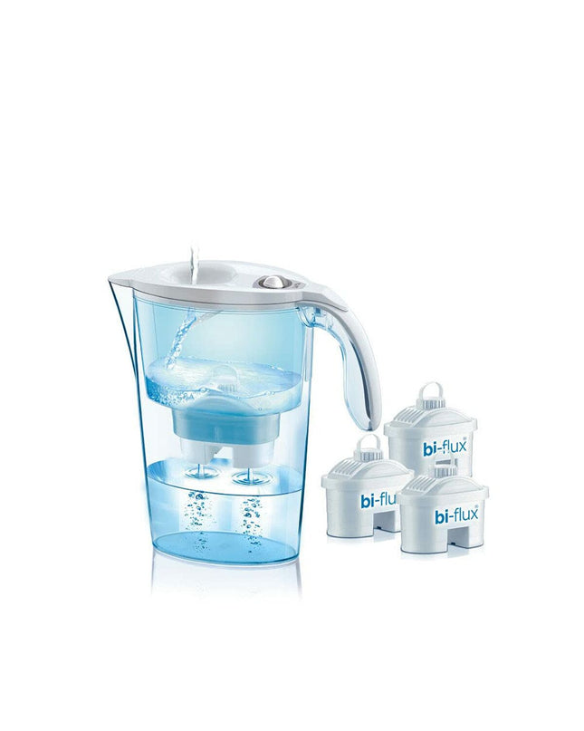 White LAICA J9047W2 water kettle with pack of three replacement filters for household use.