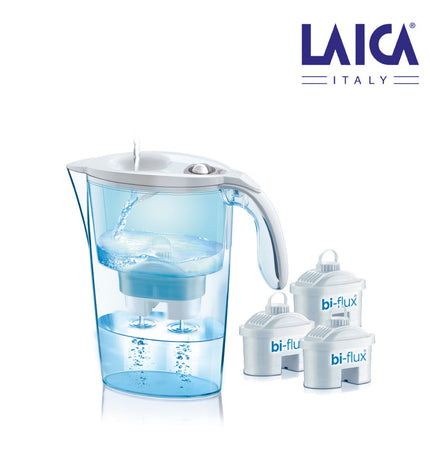 LAICA J9047W2 water filter jug with filter pack in white, showing the jug and three replacement filters for household use