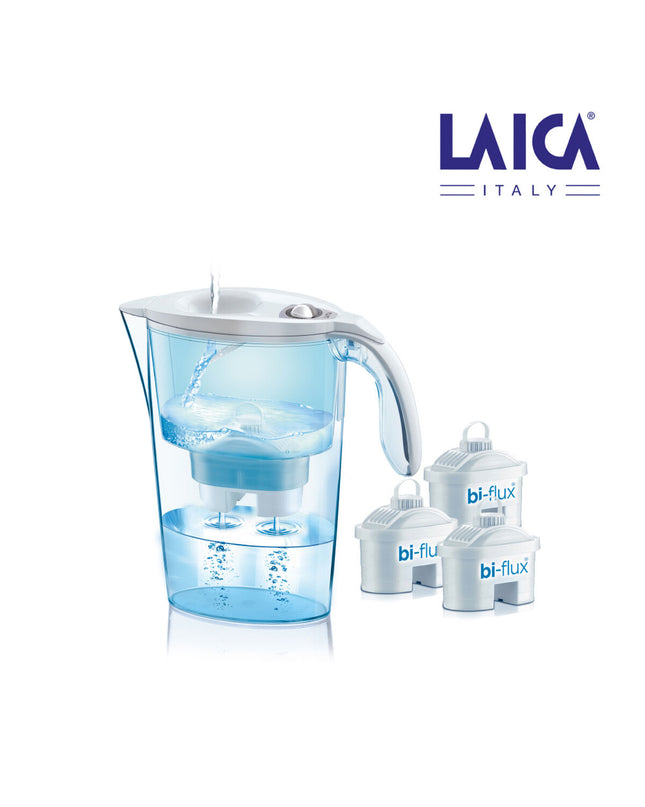 LAICA J9047W2 water filter jug with filter pack in white, showing the jug and three replacement filters for household use