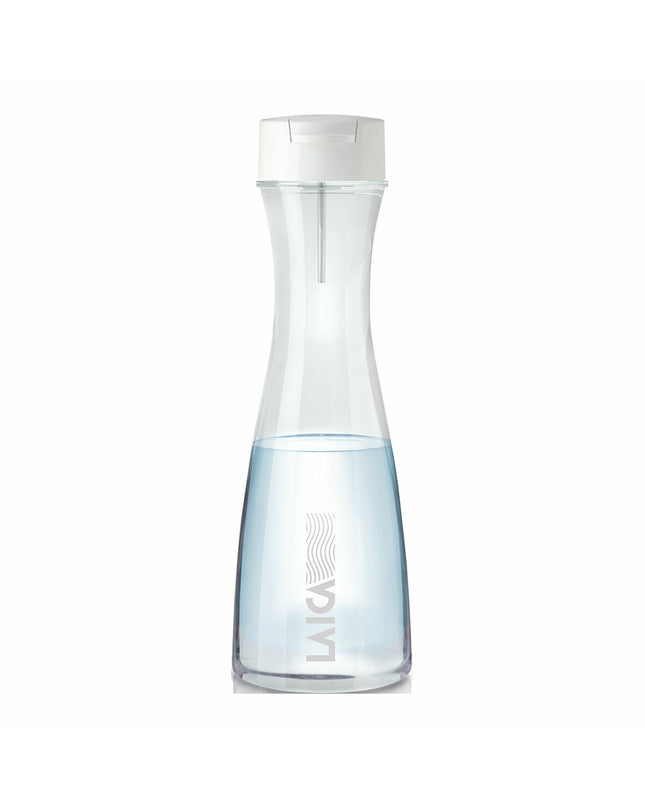 Transparent 1L LAICA water jug with built-in filter for clean drinking water, suitable for home use and kitchen.
