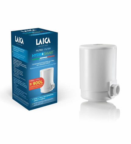 LAICA FR01A01 Hidrosmart Venezia faucet filter attached to kitchen tap, designed for clean, filtered drinking water.