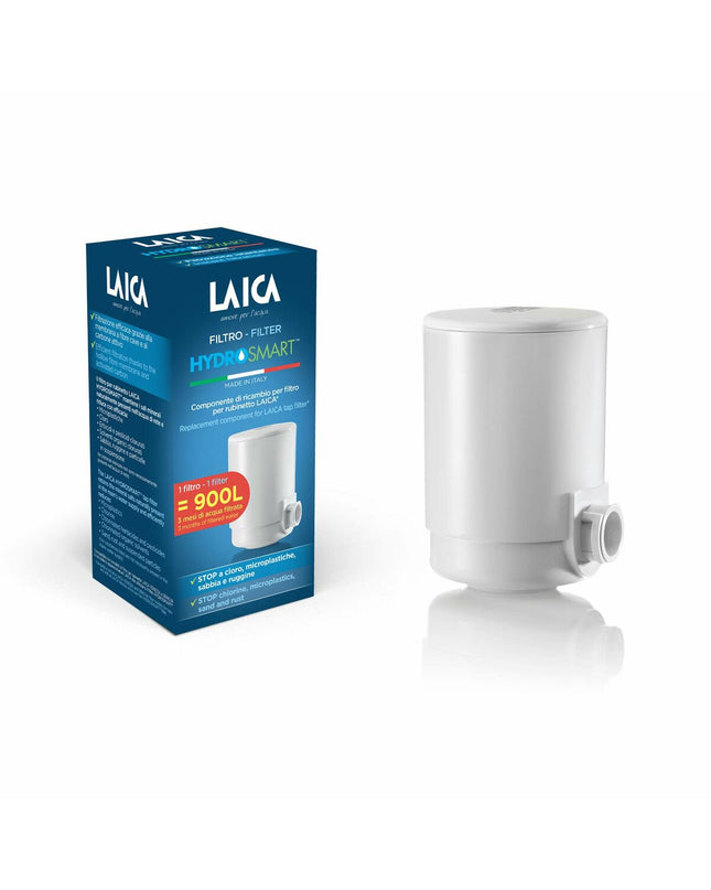 LAICA FR01A01 Hidrosmart Venezia faucet filter attached to kitchen tap, designed for clean, filtered drinking water.