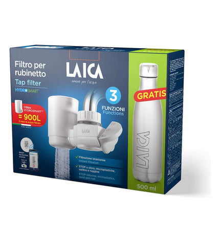 LAICA Venezia faucet filter for home and kitchen, showing the compact water filtration device attached to a kitchen faucet.