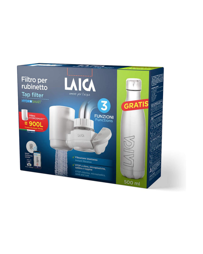 LAICA Venezia faucet filter for home and kitchen, showing the compact water filtration device attached to a kitchen faucet.