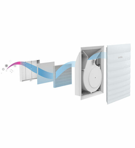 Portable LAICA air purifier for home and cooking, featuring a sleek design with air vents and control panel visible.