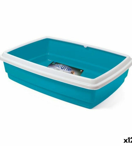 Set of 12 Georplast plastic cat litter boxes, 54 x 40 x 14 cm, durable and spacious for indoor feline use.