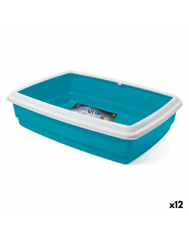 Set of 12 Georplast plastic cat litter boxes, 54 x 40 x 14 cm, durable and spacious for indoor feline use.