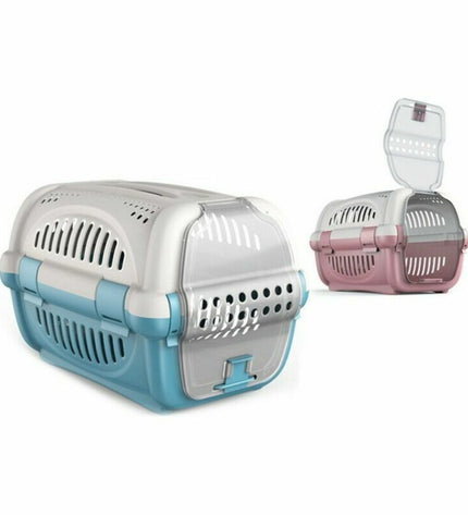 Set of five Georplast GP569S small animal carrying cages in beige with ventilation panels and door openings.