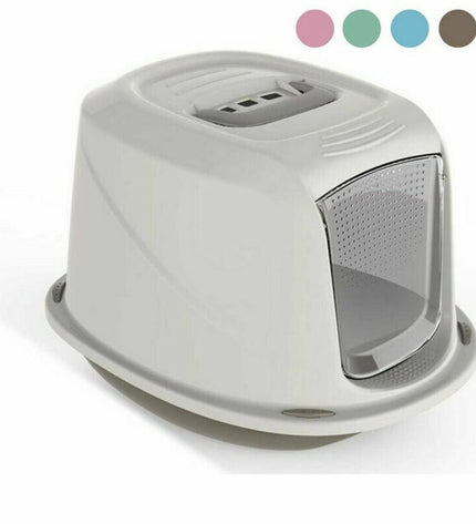 Set of five Georplast GP586S cat litter boxes, 45x36x31 cm, in durable plastic for cats, shown stacked and ready for use.