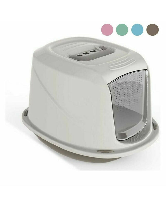 Set of five Georplast GP586S cat litter boxes, 45x36x31 cm, in durable plastic for cats, shown stacked and ready for use.