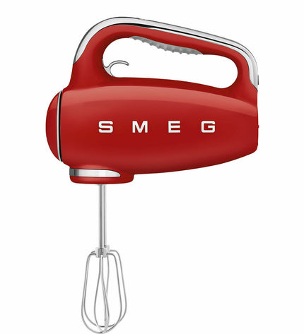 Smeg HMF01RDEU blender and dough mixer in red with stainless steel accents on a kitchen countertop