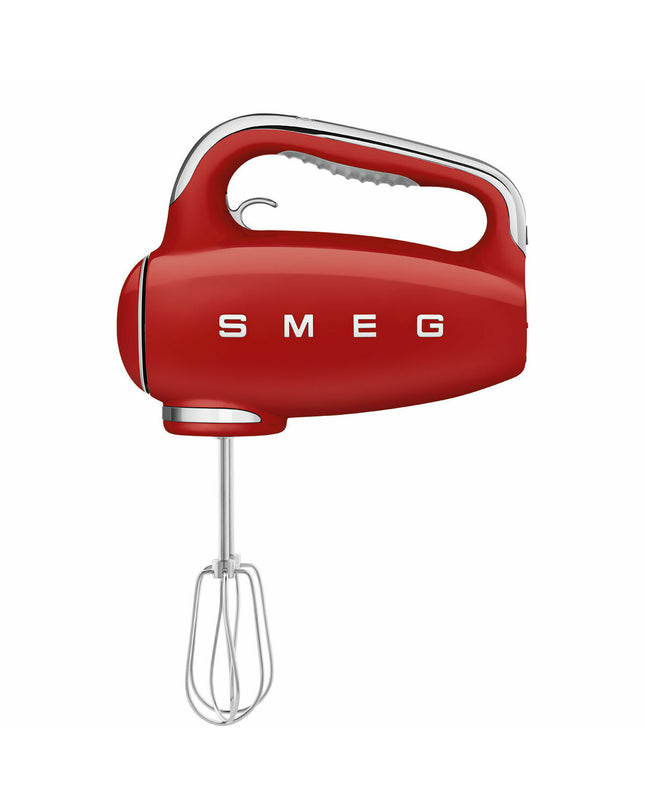 Smeg HMF01RDEU blender and dough mixer in red with stainless steel accents on a kitchen countertop