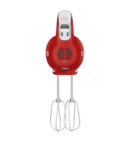 Smeg HMF01RDEU 250W blender and dough mixer in red with stainless steel accents, compact kitchen appliance for mixing and blending.