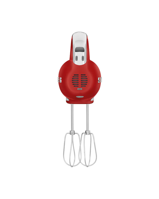 Smeg HMF01RDEU 250W blender and dough mixer in red with stainless steel accents, compact kitchen appliance for mixing and blending.