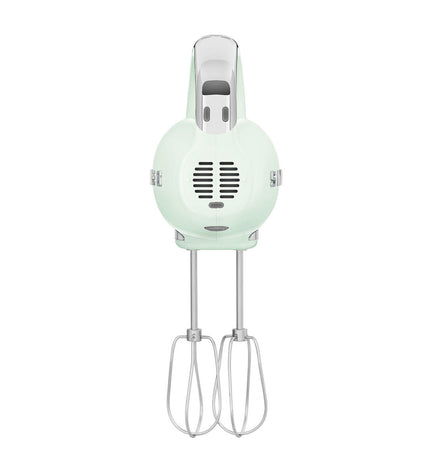 Smeg HMF01PGEU 250W blender and dough mixer in pastel green with control dial and compact design, suitable for home cooking.