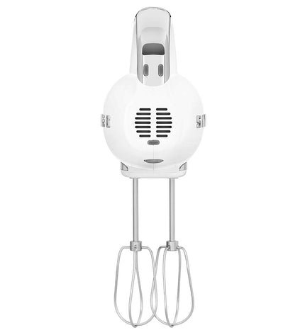 Smeg HMF01WHEU 250W blender and dough mixer in white with stainless steel accents, compact kitchen appliance on countertop.